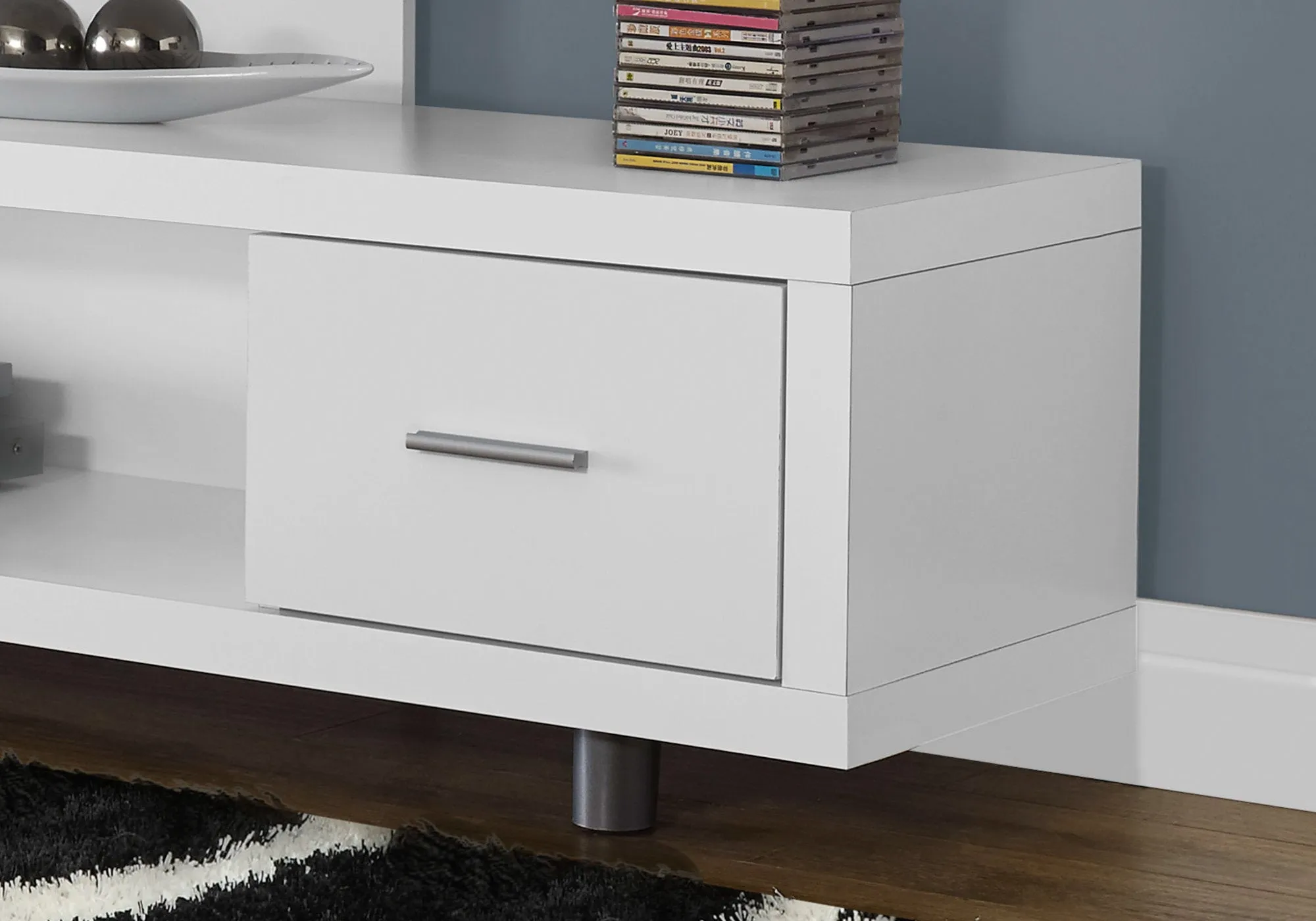 15.75" X 60" X 24" White Silver Particle Board Hollow Core Metal TV Stand With A Drawer By Homeroots