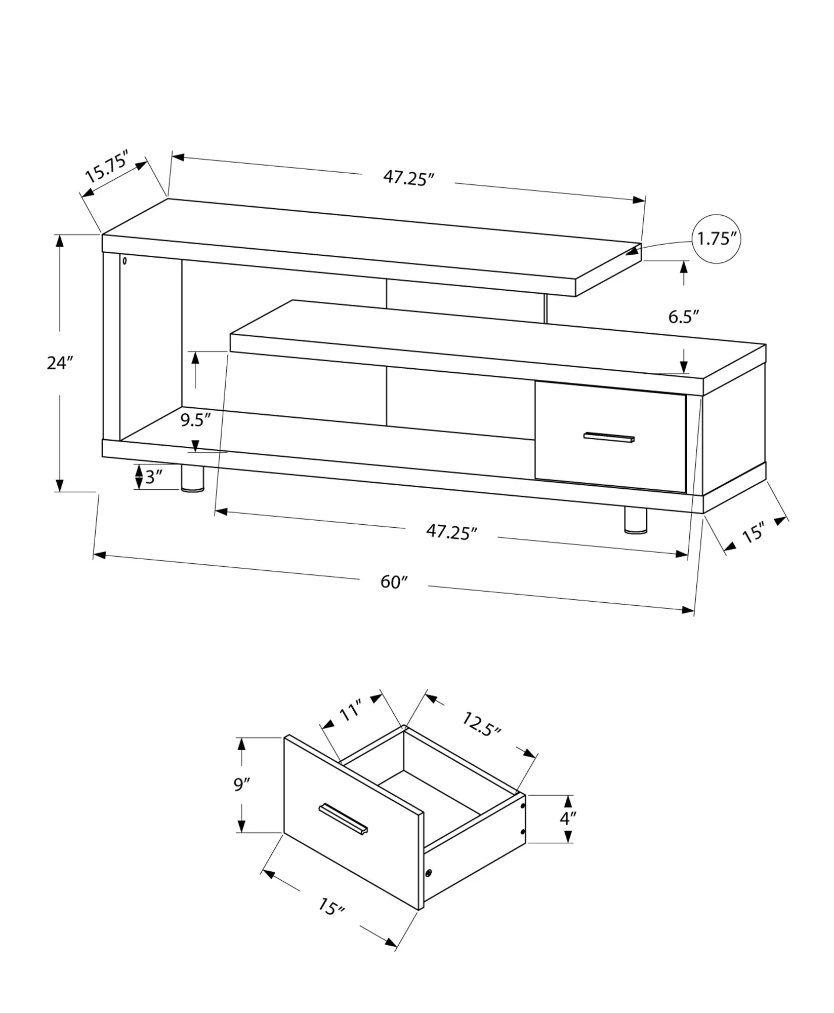 15.75" X 60" X 24" White Silver Particle Board Hollow Core Metal TV Stand With A Drawer By Homeroots