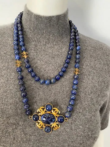 95A, 1995 Fall Vintage Chanel Long Strand Blue Gold Stone CC Necklace