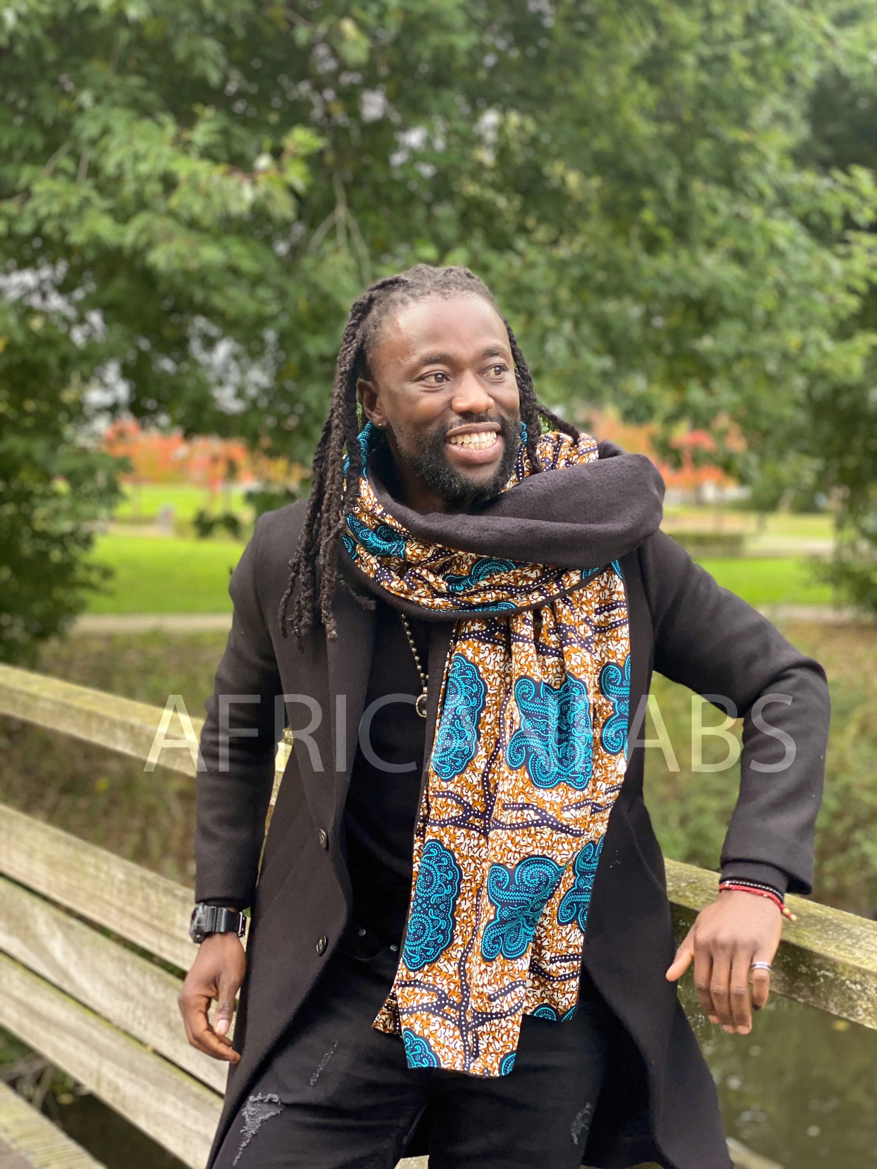 African print Winter scarf for Adults Unisex - Blue / Mustard classic