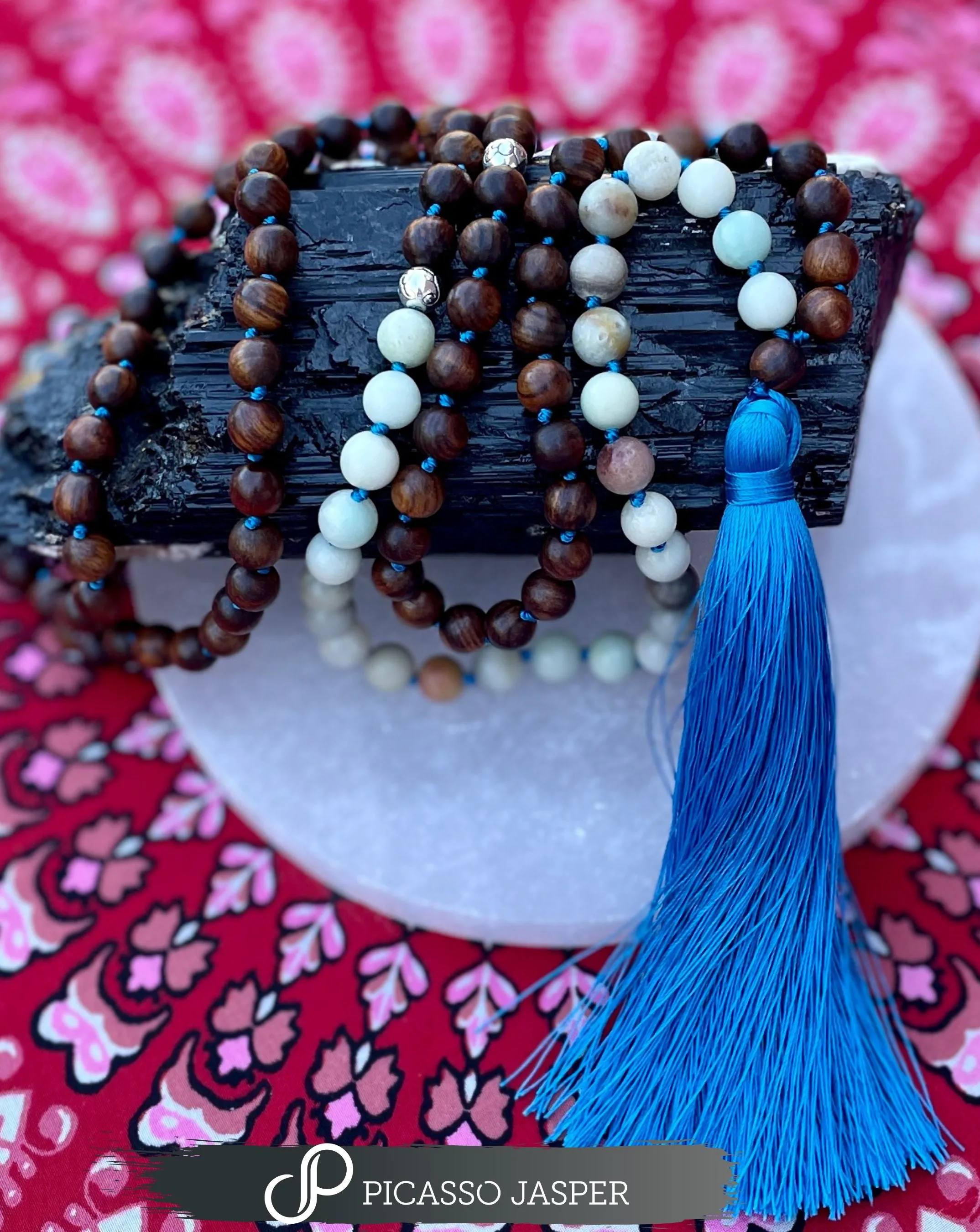 Amazonite and Pear Wood, Throat & Heart Chakra Healing, Mala