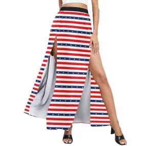 americana stars and stripes striped print 2 High Slit Long Beach Dress (Model S40)