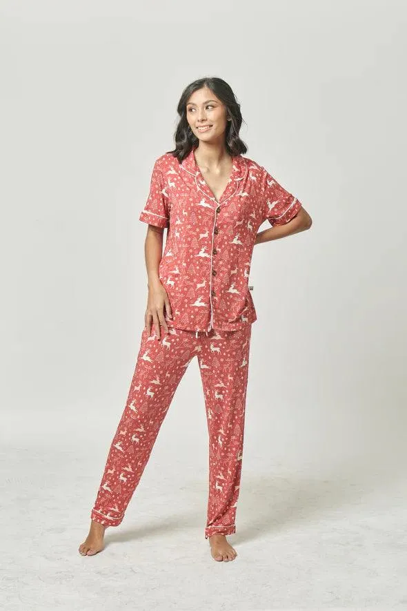 Bamberry Holiday 2023 Adult Short Sleeves Button Down PJ Set, Reindeer