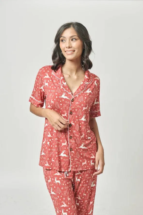 Bamberry Holiday 2023 Adult Short Sleeves Button Down PJ Set, Reindeer