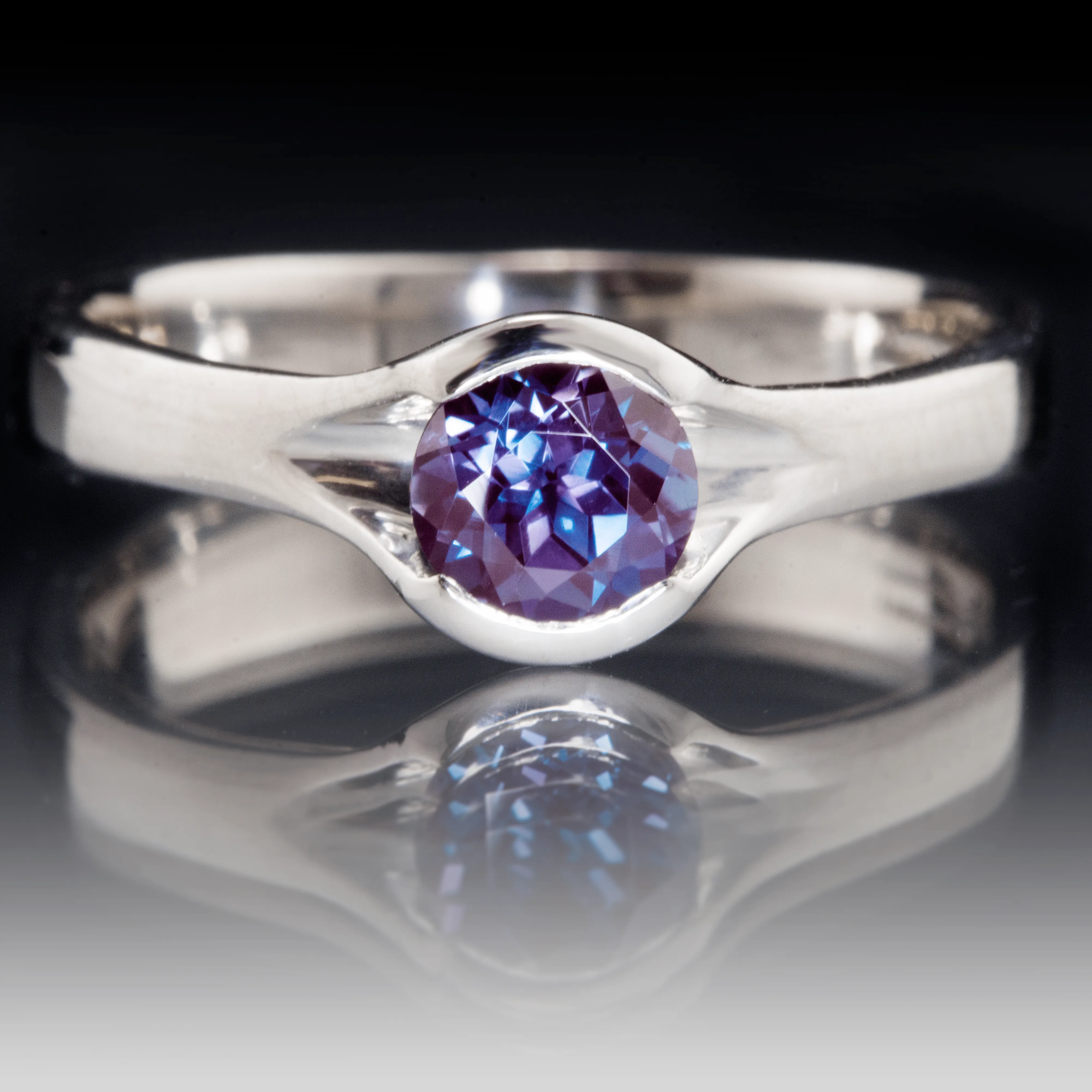 Chatham Alexandrite Round Fold Half Bezel Solitaire Engagement Ring