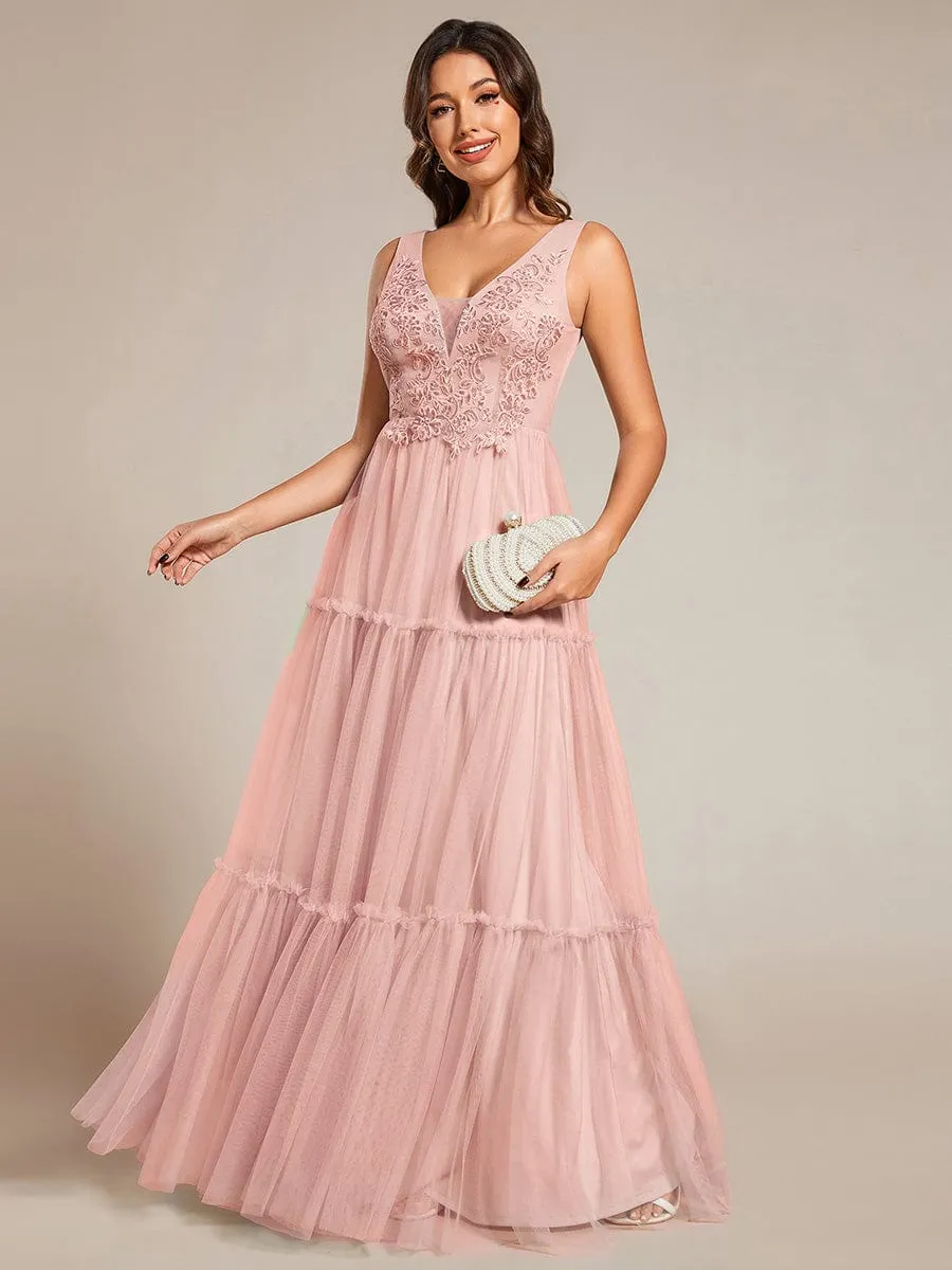 Chic See-Through Sleeveless Tulle Formal Evening Dress with Applique