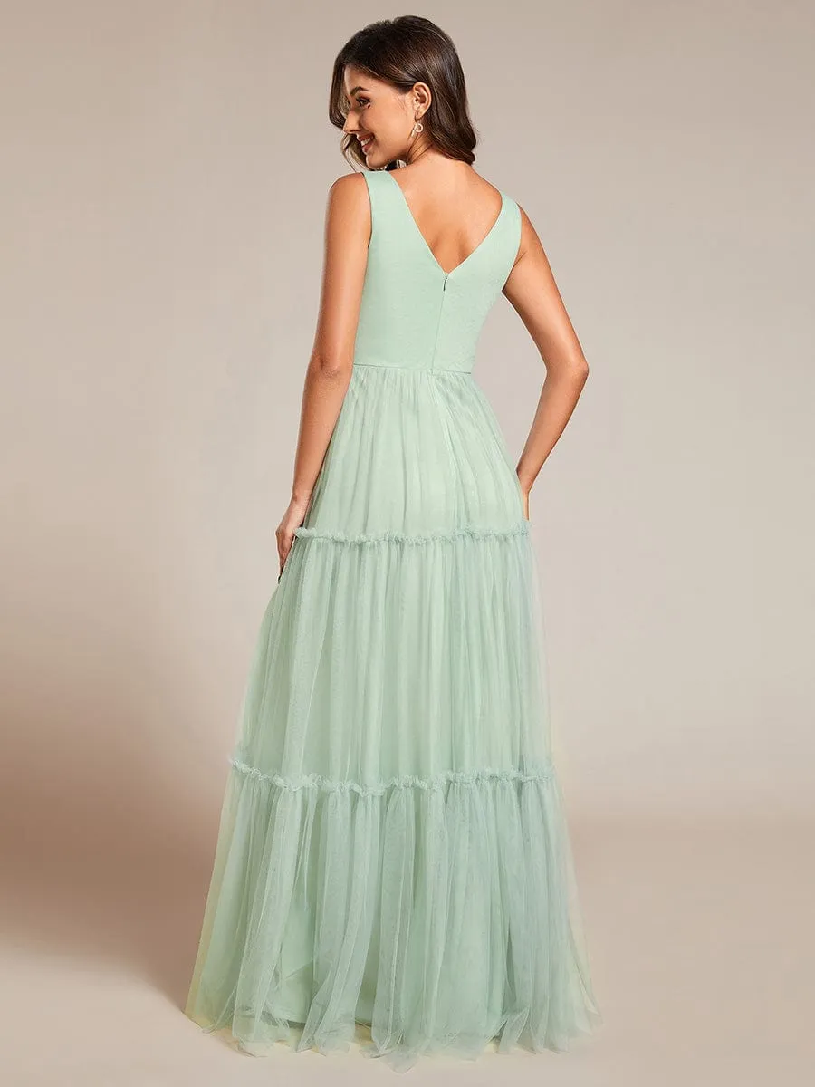 Chic See-Through Sleeveless Tulle Formal Evening Dress with Applique