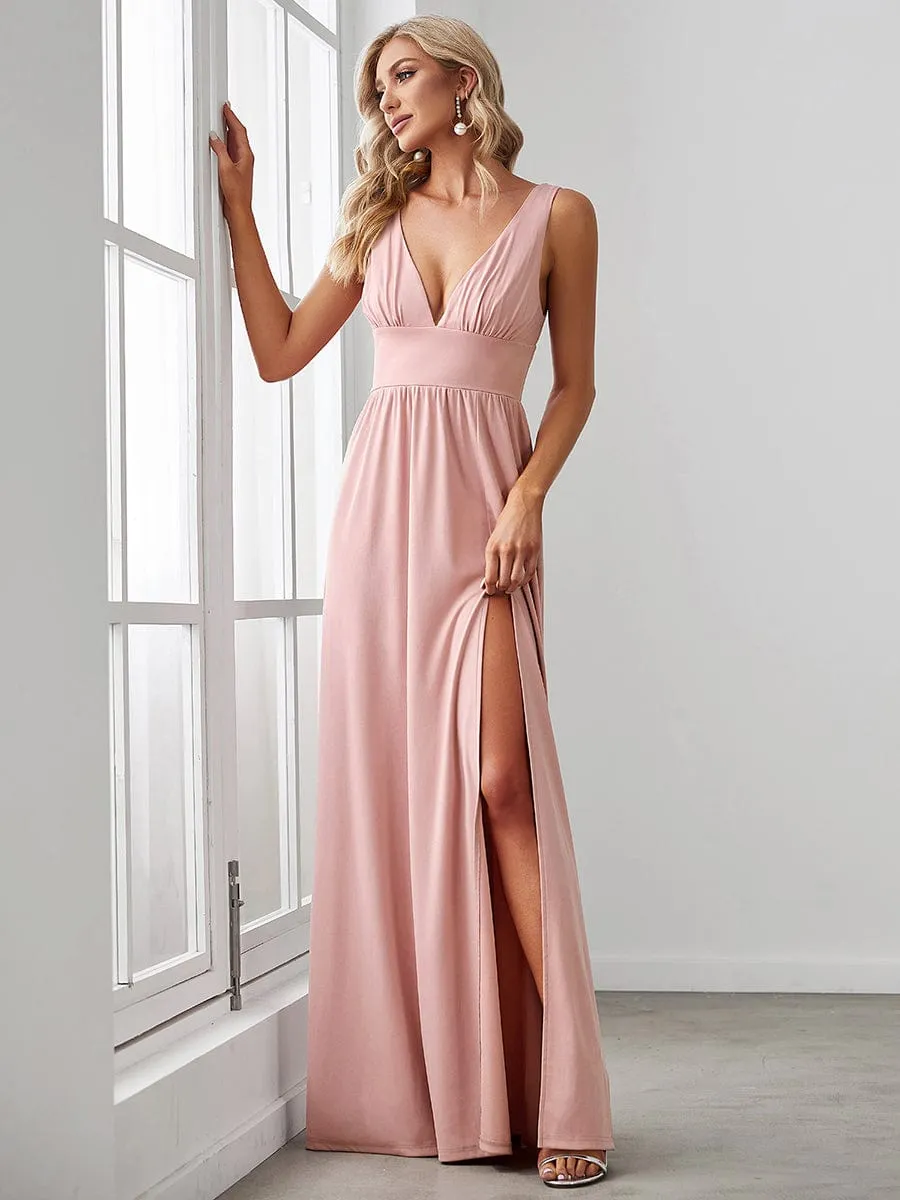 Chiffon High Slit Sleeveless V-Neck Empire Waist Formal Evening Dress