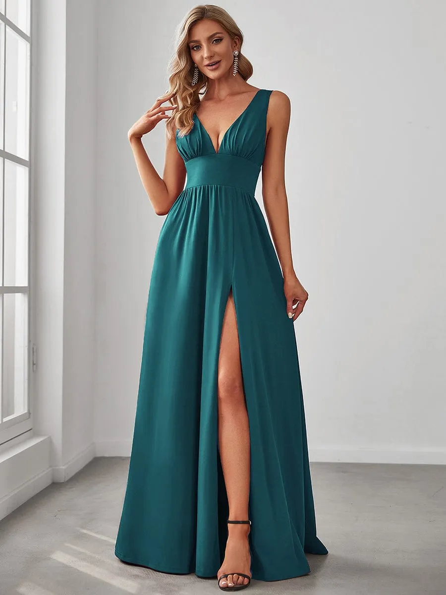 Chiffon High Slit Sleeveless V-Neck Empire Waist Formal Evening Dress