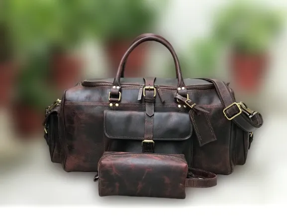 Combo Offer - 24 inch Men's Buffalo Leather Weekender Duffel and Toiletry Bag