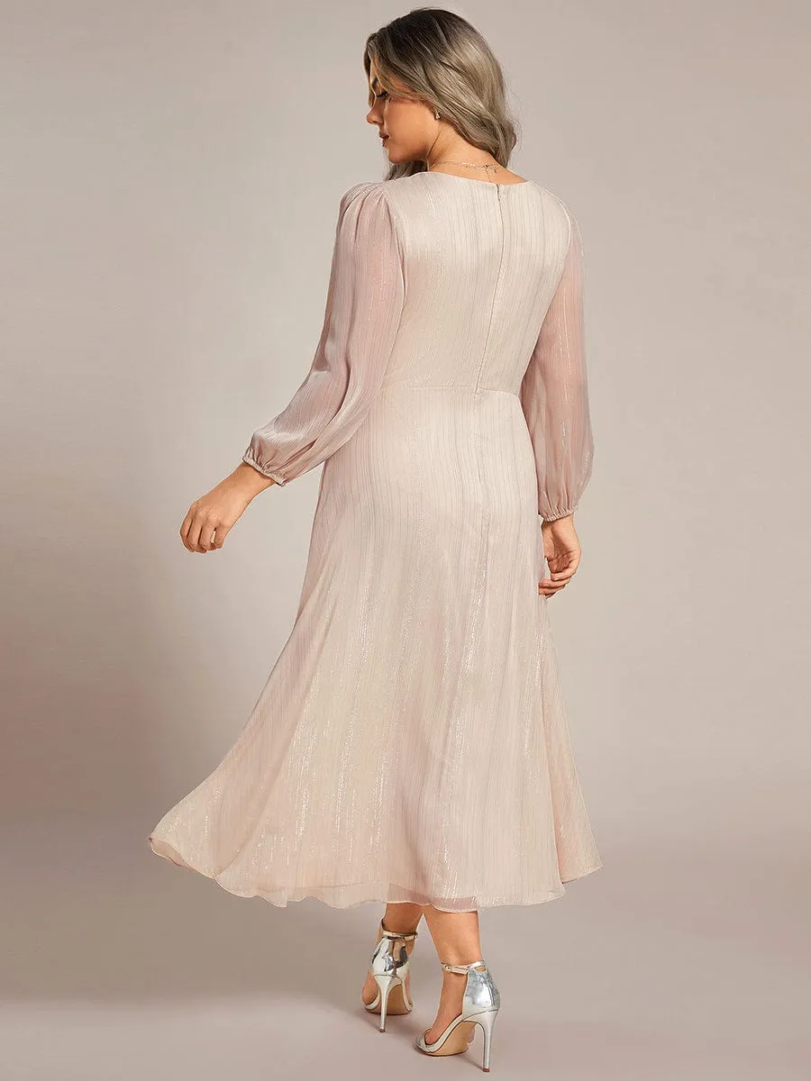 Custom Size See-Through Long Sleeve Twist Knot A-Line Lotus Leaf Shimmering Evening Dress