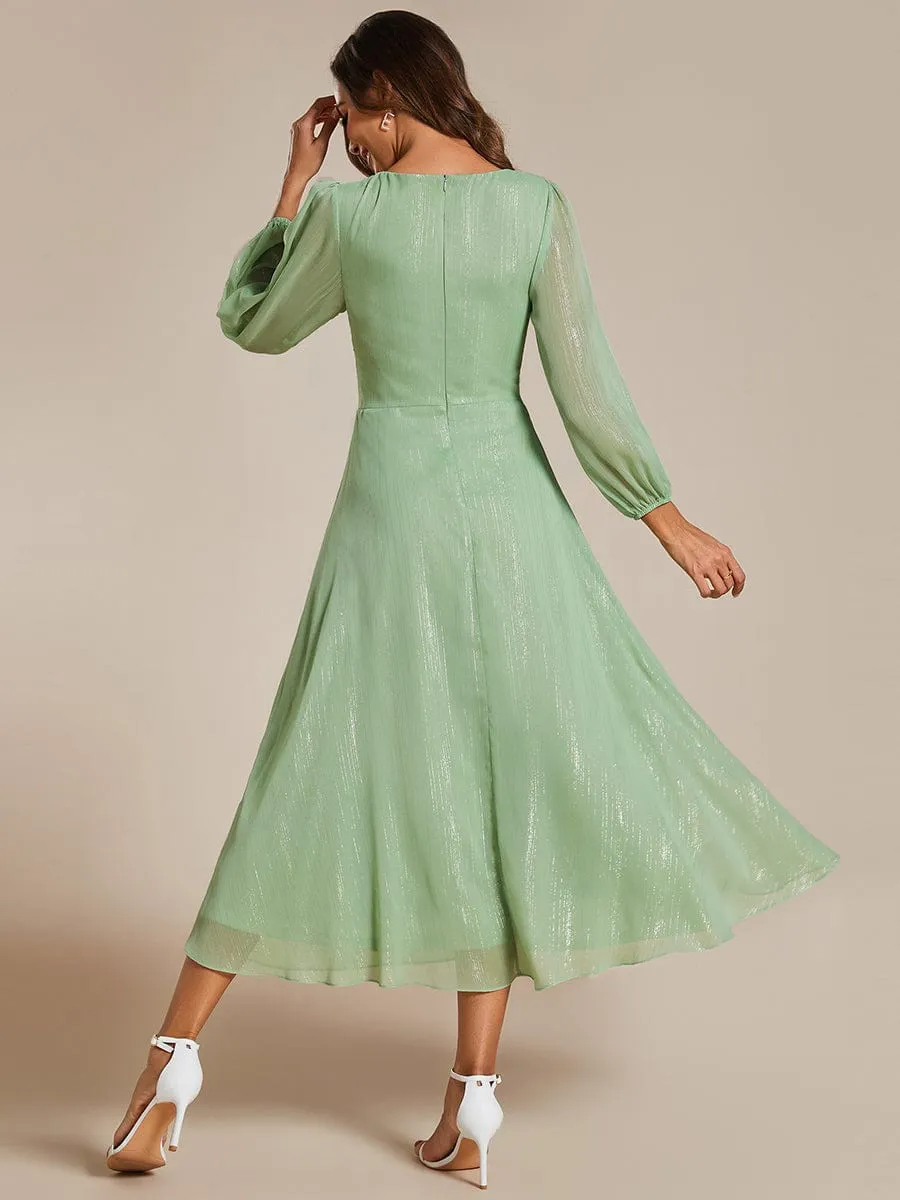 Custom Size See-Through Long Sleeve Twist Knot A-Line Lotus Leaf Shimmering Evening Dress