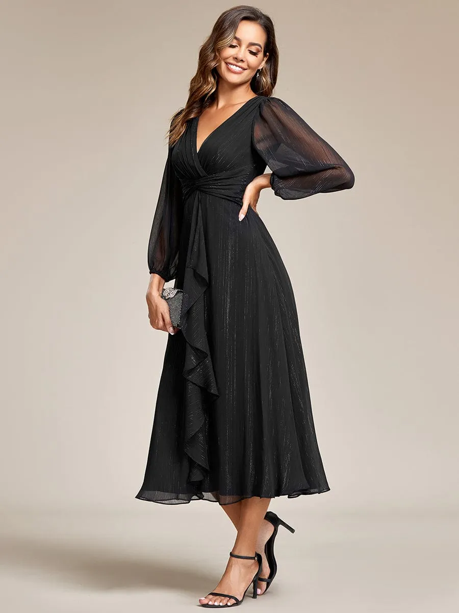 Custom Size See-Through Long Sleeve Twist Knot A-Line Lotus Leaf Shimmering Evening Dress