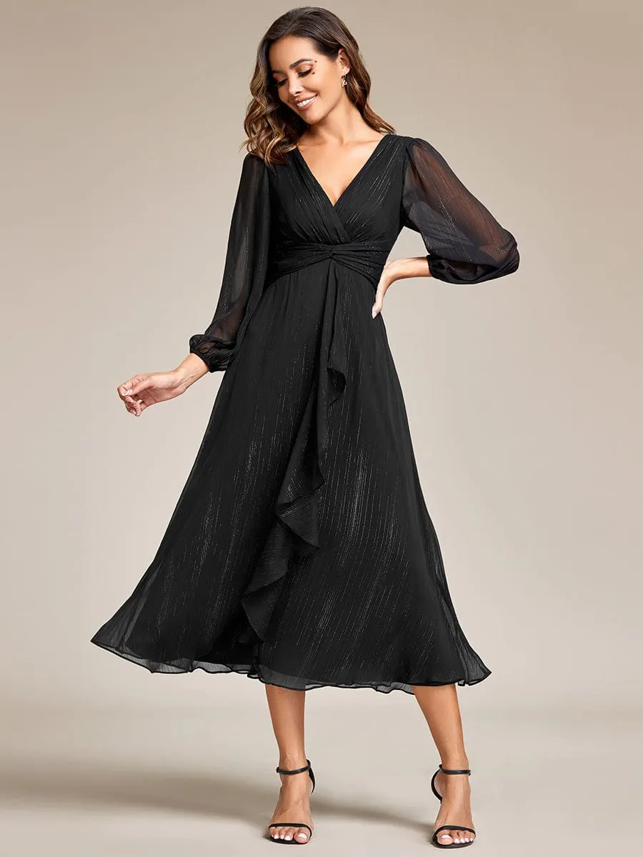 Custom Size See-Through Long Sleeve Twist Knot A-Line Lotus Leaf Shimmering Evening Dress