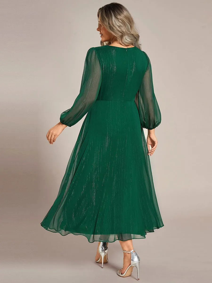 Custom Size See-Through Long Sleeve Twist Knot A-Line Lotus Leaf Shimmering Evening Dress