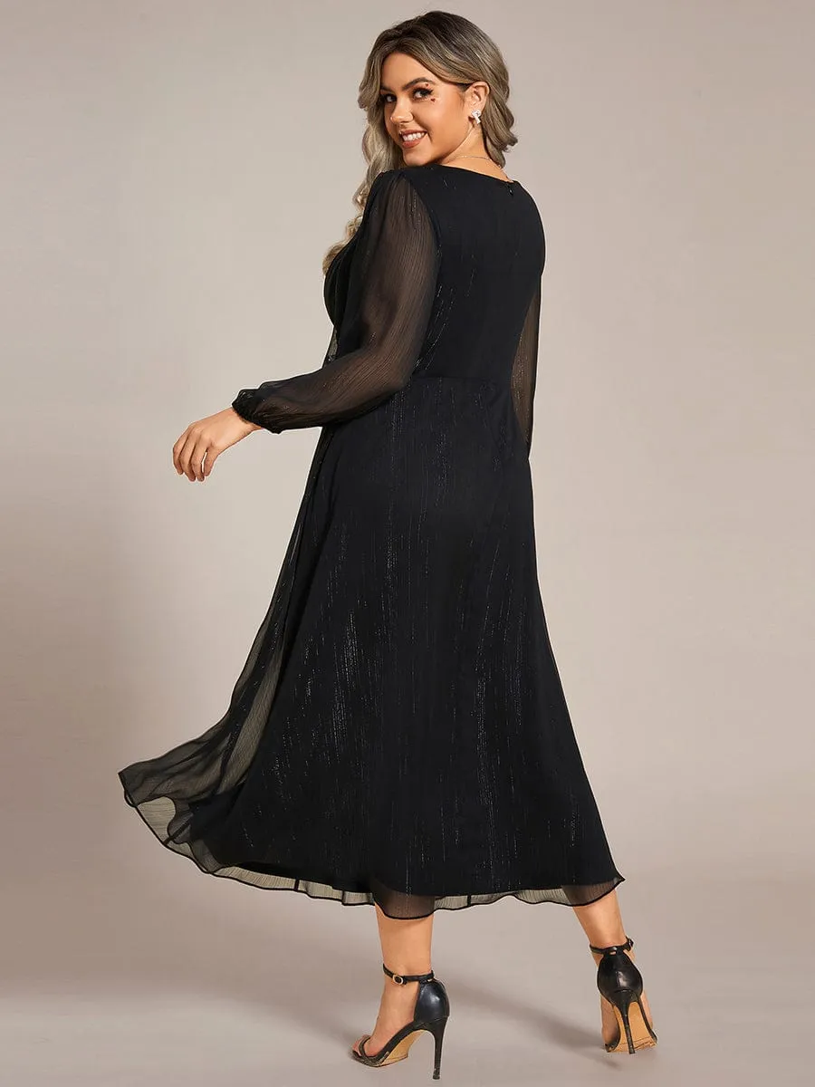 Custom Size See-Through Long Sleeve Twist Knot A-Line Lotus Leaf Shimmering Evening Dress