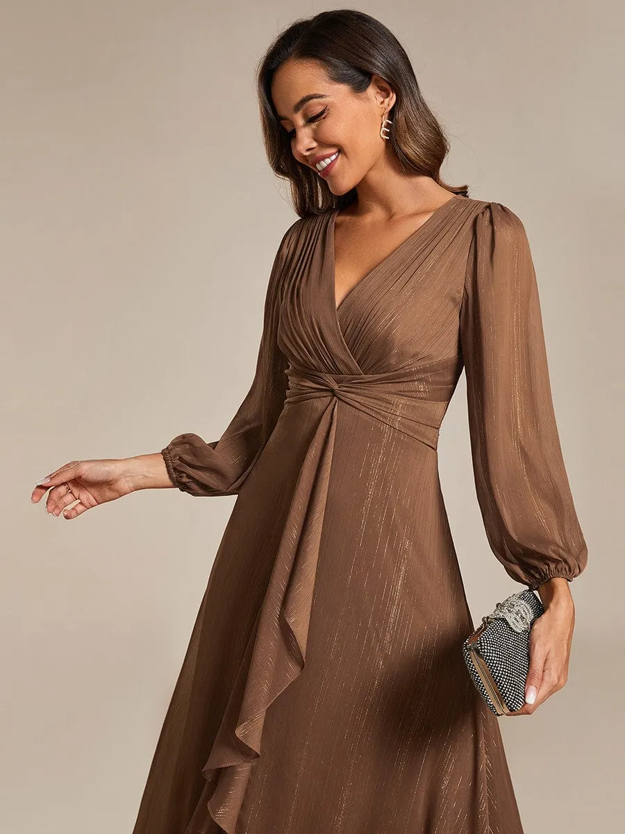 Custom Size See-Through Long Sleeve Twist Knot A-Line Lotus Leaf Shimmering Evening Dress