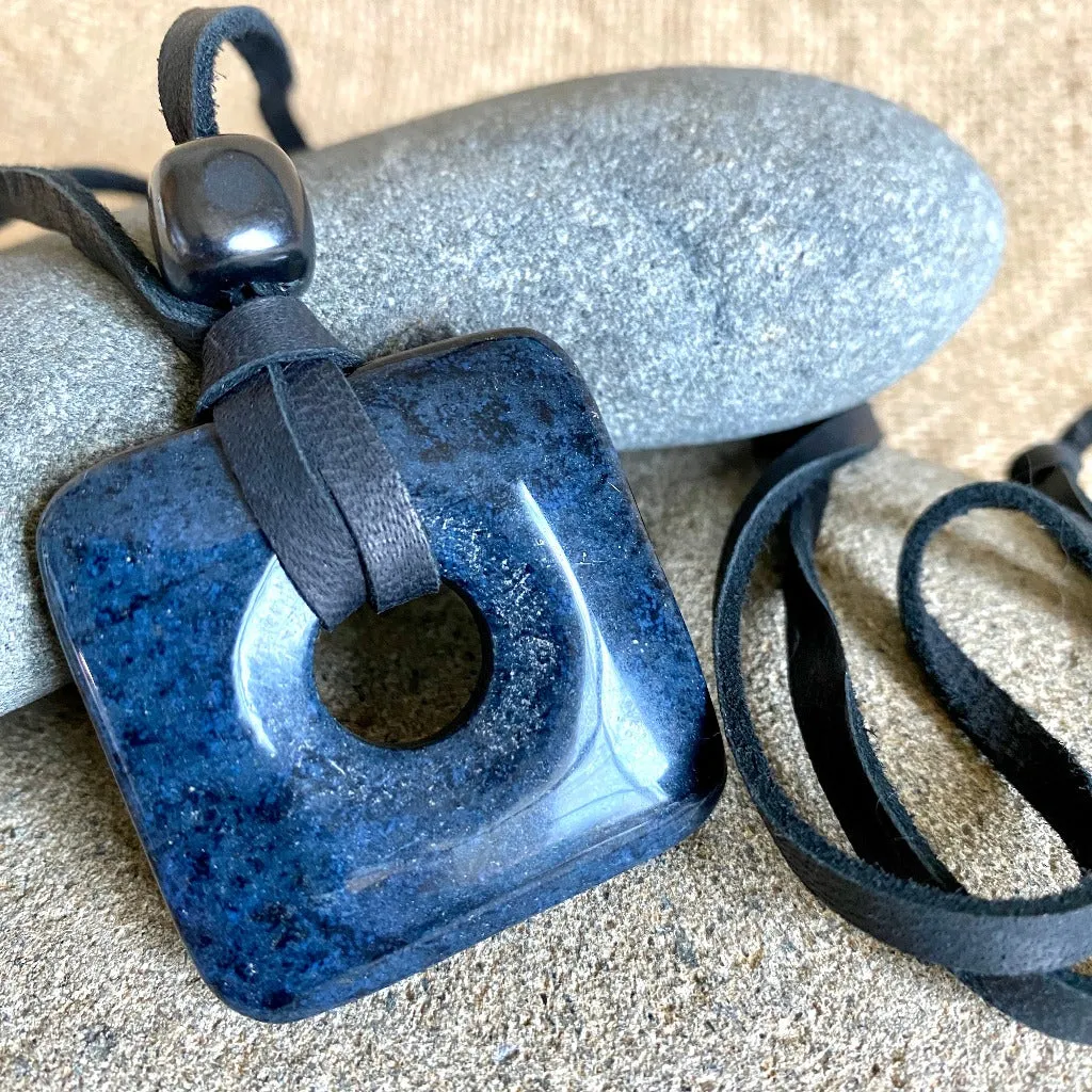 Dumortierite Square Donut Pendant with Shungite, Decluttering Necklace