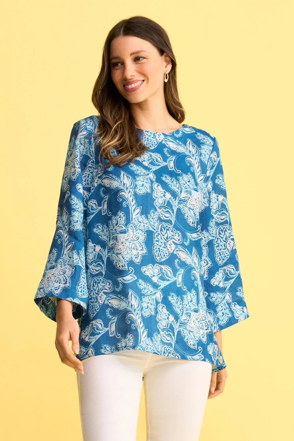 French Linen Button Detail Top - Blue Print