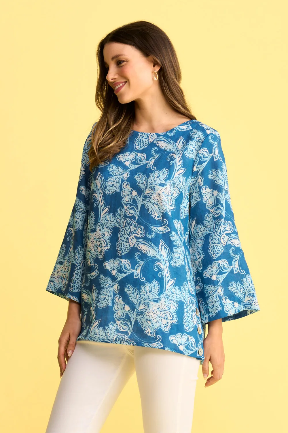 French Linen Button Detail Top - Blue Print