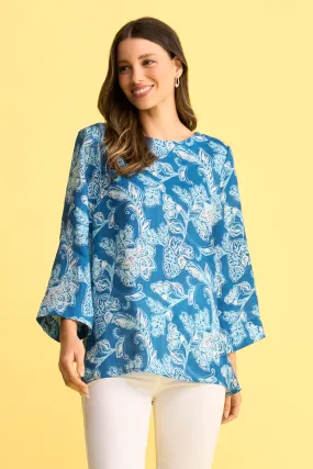 French Linen Button Detail Top - Blue Print