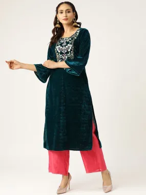 Green Zari Floral Embroidery Velvet Kurta