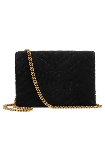 Gucci Marmont Gg 2.0 Matelasse Wallet On A Chain Black Chevron Velvet Cross Body Bag