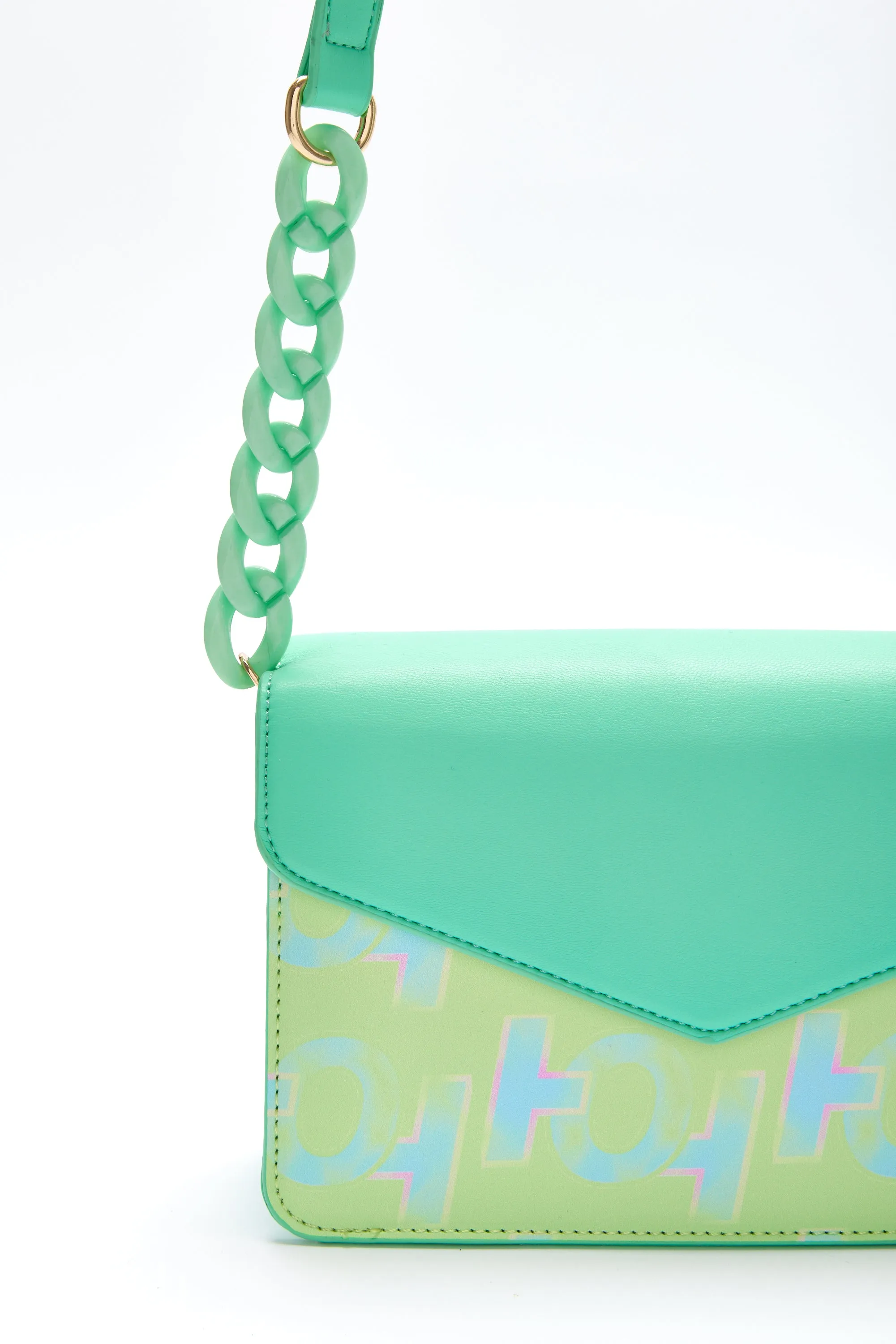 House Of Holland Cross Body Bag In Mint And Pistachio With A Logo Print And Chain Detail Strap