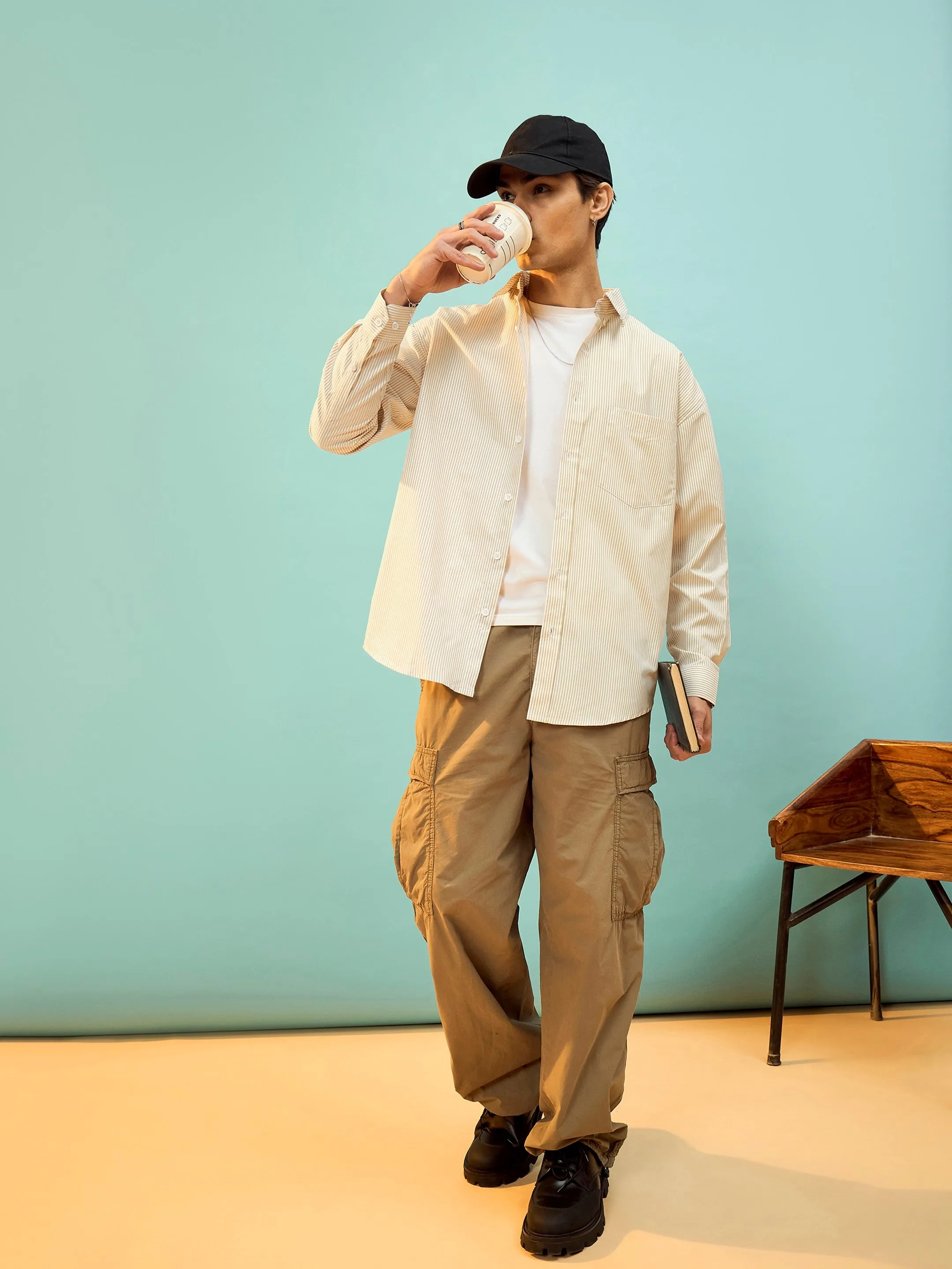 Men Beige & White Stripe Oversize Shirt