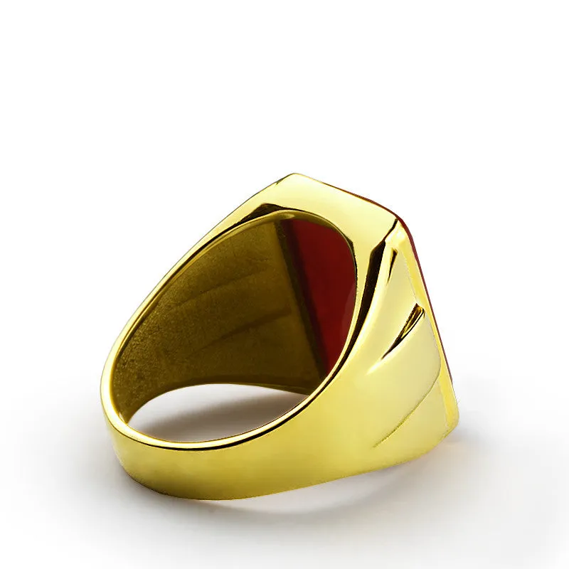 Men's Ring with Natural Red Agate Gemstone in 14k Yellow Gold