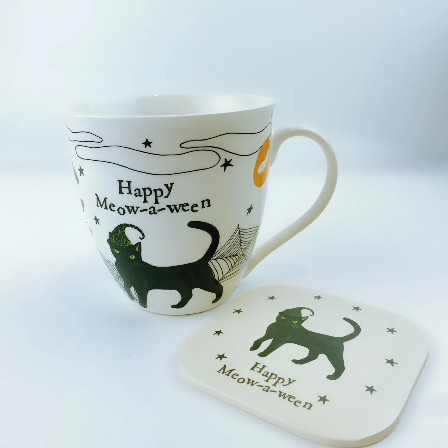 Milly Green British Design happy meow-a-ween Halloween Cat Coffee Mug Tea Cup and Coaster Set 20 oz