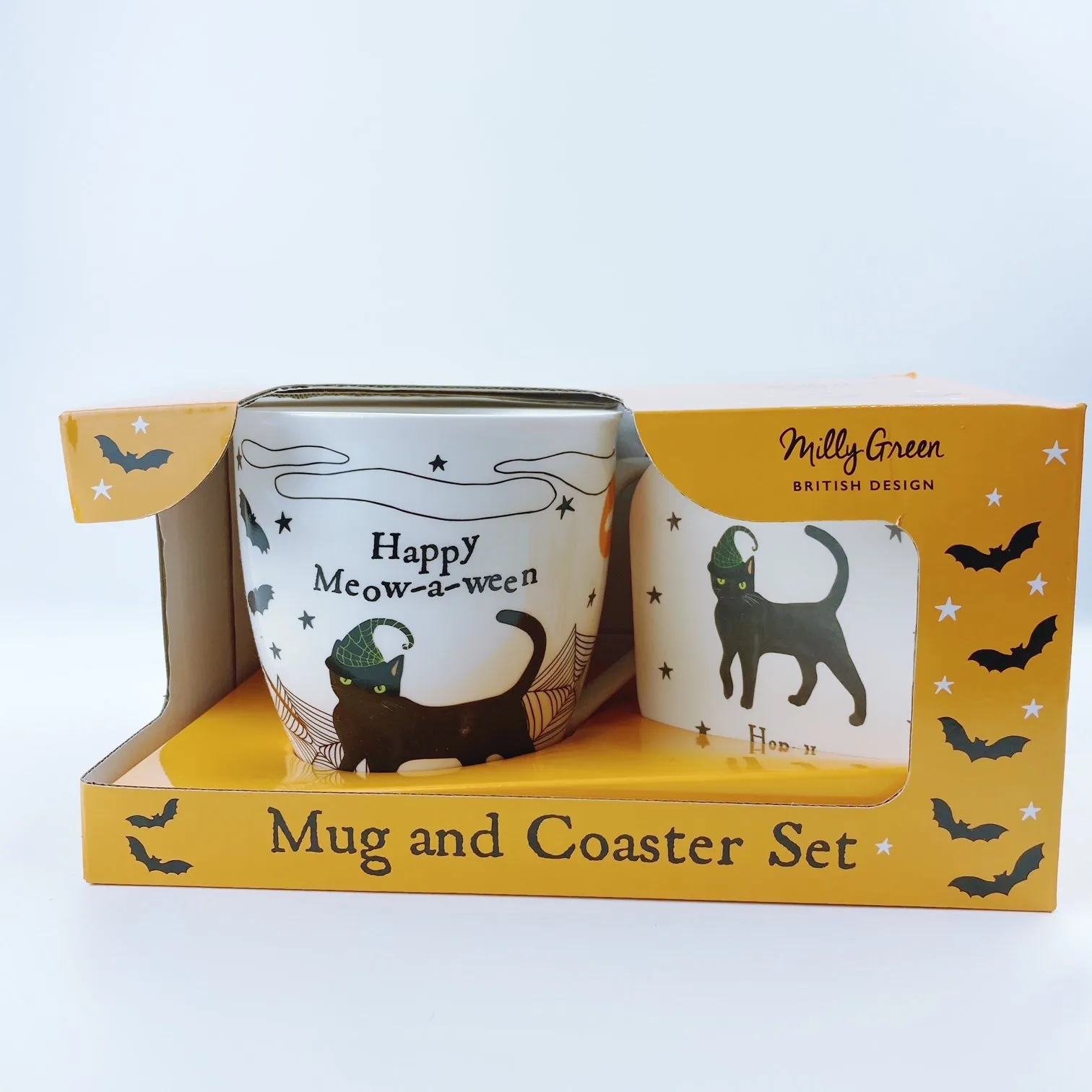 Milly Green British Design happy meow-a-ween Halloween Cat Coffee Mug Tea Cup and Coaster Set 20 oz