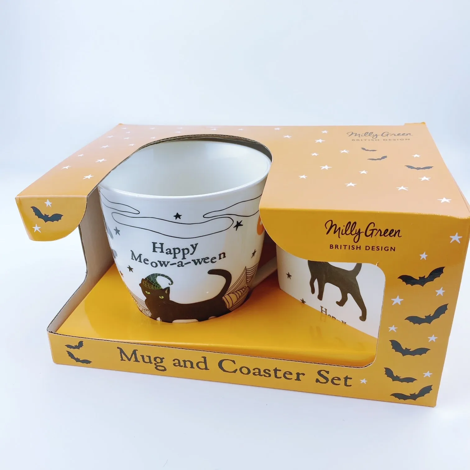 Milly Green British Design happy meow-a-ween Halloween Cat Coffee Mug Tea Cup and Coaster Set 20 oz