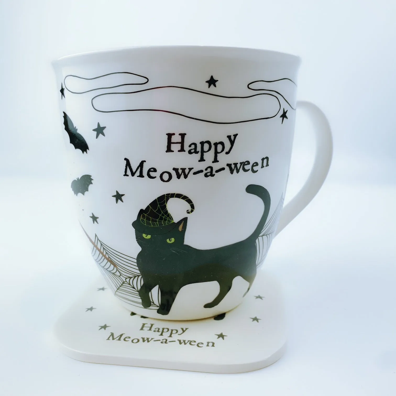 Milly Green British Design happy meow-a-ween Halloween Cat Coffee Mug Tea Cup and Coaster Set 20 oz