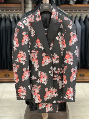 Prom Suit, Men's Fashion Suit, Tuxedo, Floral Red and Black