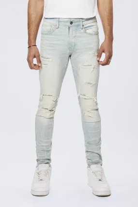 Rip & Repaired Color Slim Tapered Denim Jeans - Speckle Blue