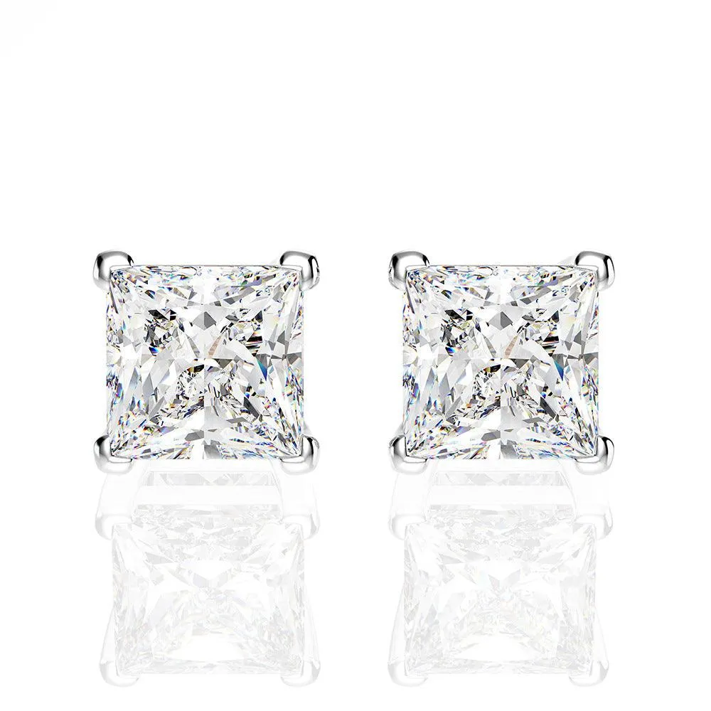 RSE-201 Original Moissanite Princess Cut Stud Earrings in Pure Silver