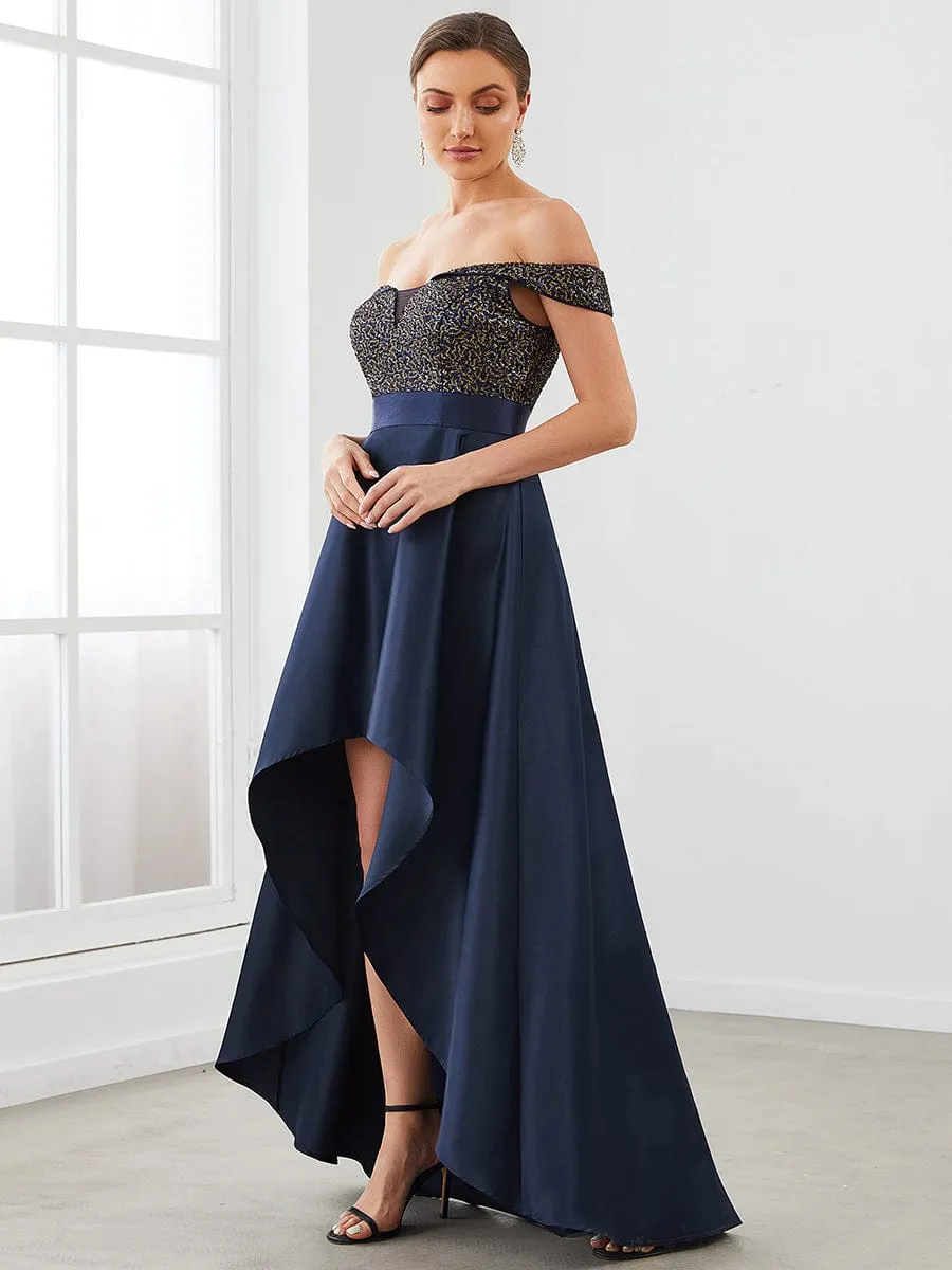 Sequin Off-Shoulder Illusion Sweetheart Ribbon Waist High Low Evening Dress