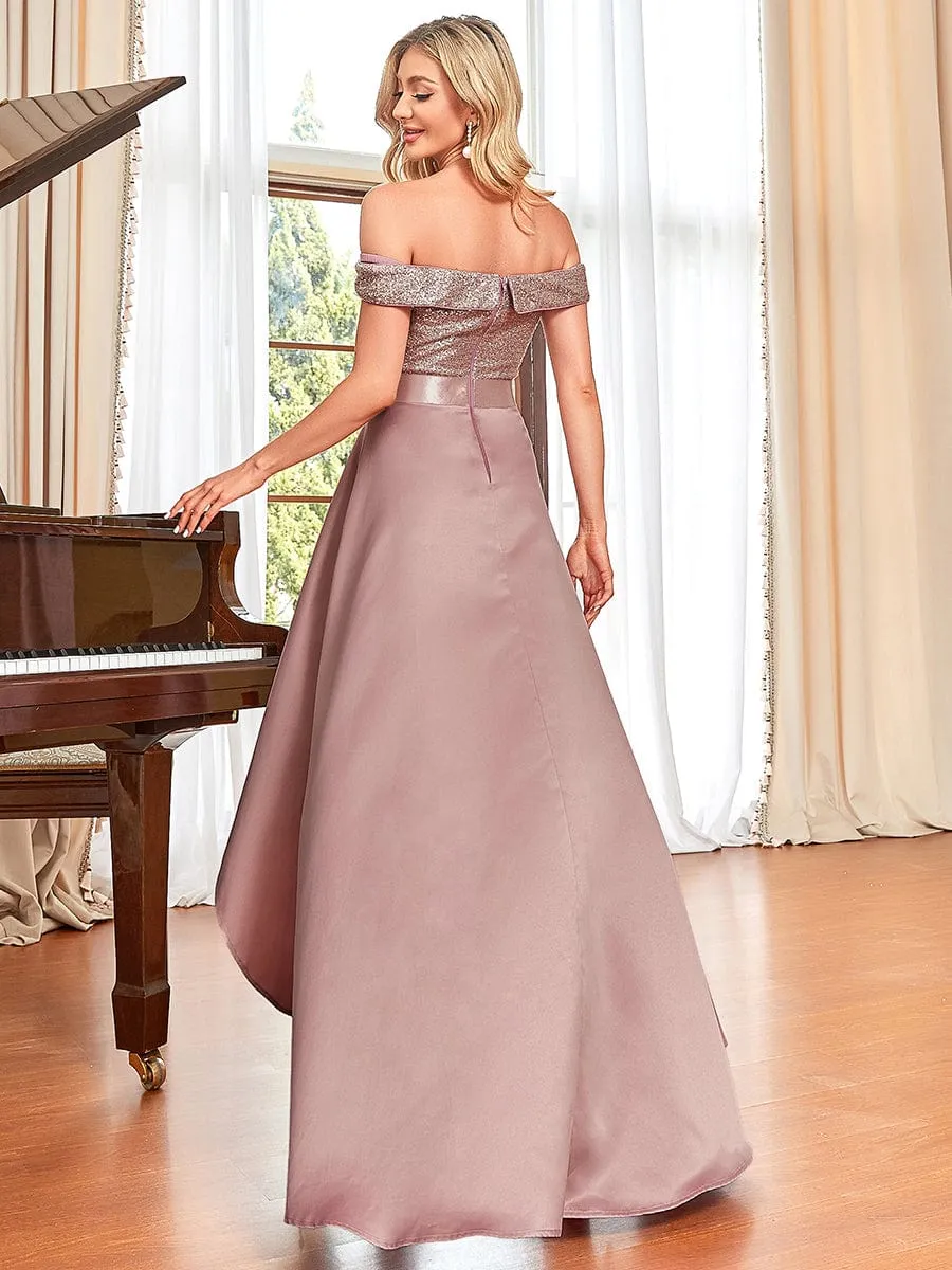 Sequin Off-Shoulder Illusion Sweetheart Ribbon Waist High Low Evening Dress