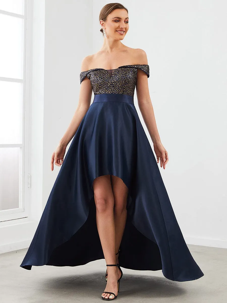 Sequin Off-Shoulder Illusion Sweetheart Ribbon Waist High Low Evening Dress