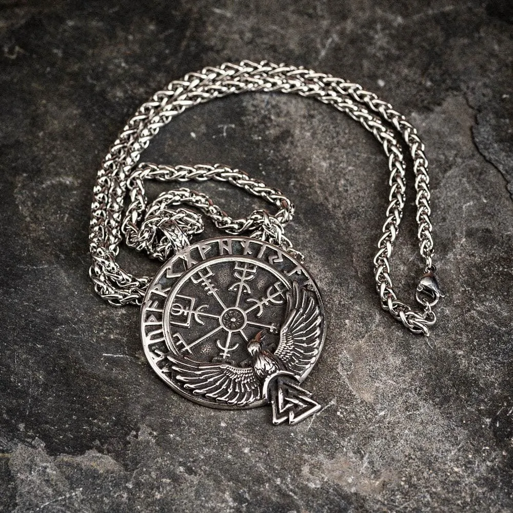 Stainless Steel Vegvisir and Raven Necklace