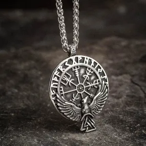 Stainless Steel Vegvisir and Raven Necklace