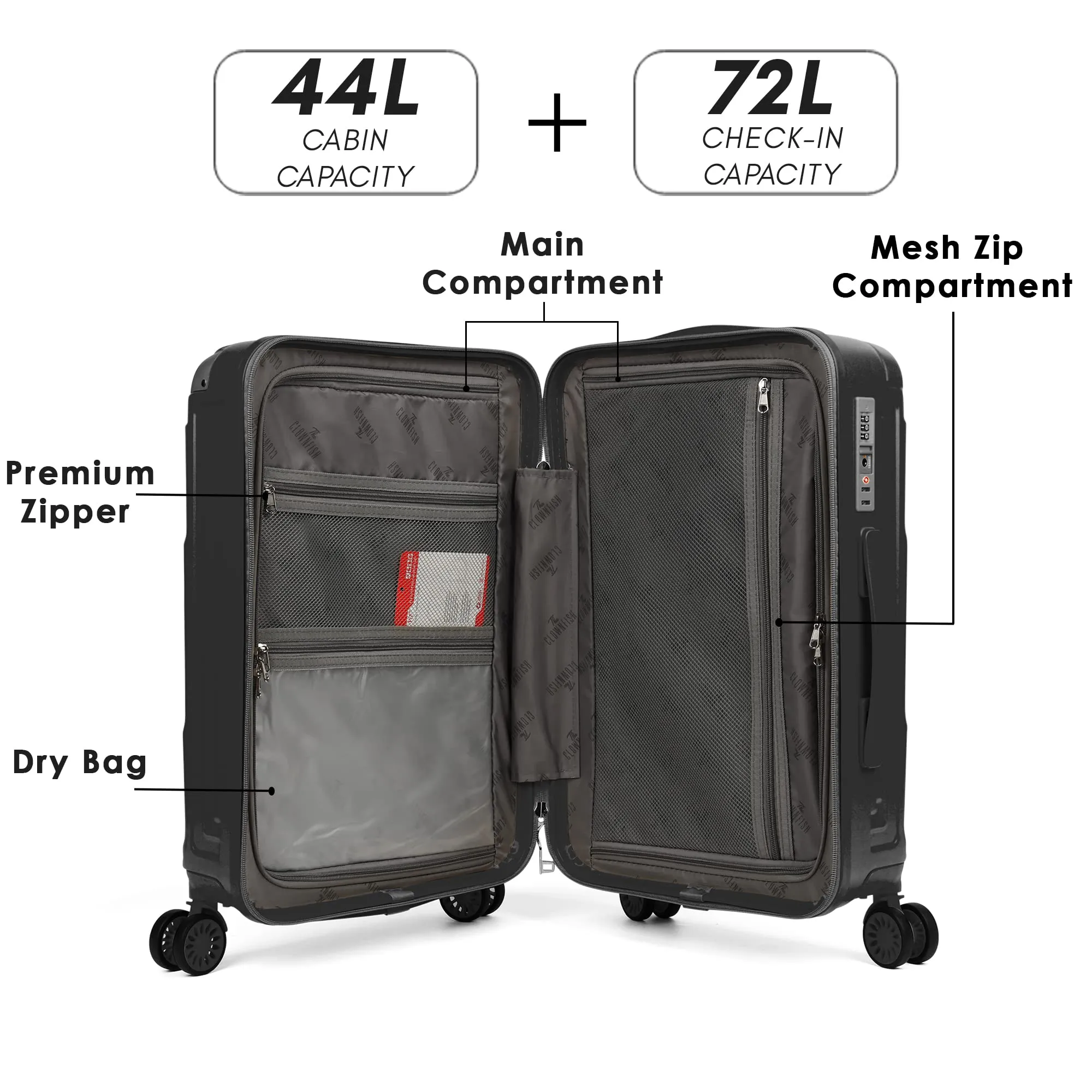 THE CLOWNFISH Ballard Series Luggage ABS & Polycarbonate Exterior Suitcase Eight Wheel Trolley Bag with TSA Lock- Black (Medium size, 65 cm-26 inch)