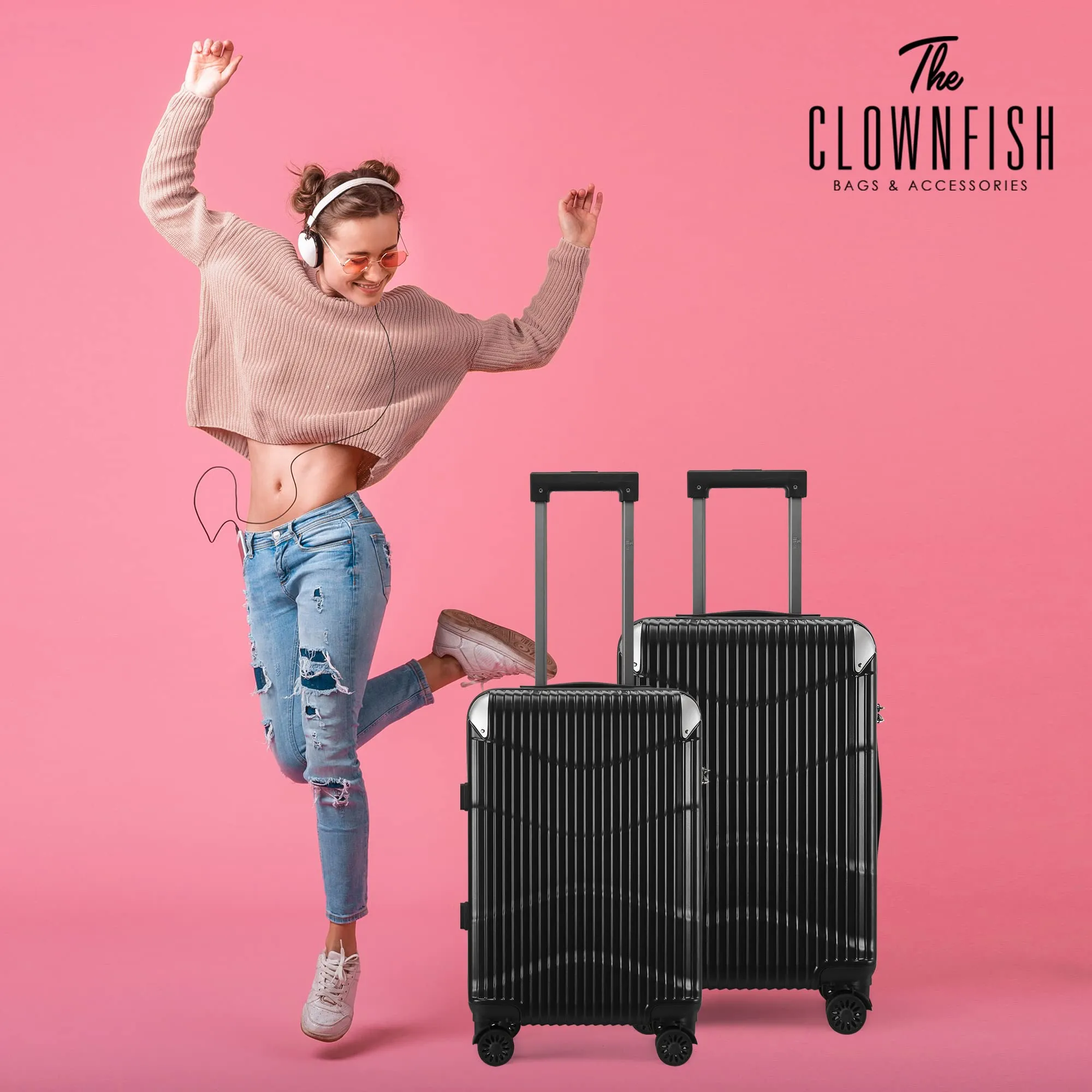 THE CLOWNFISH Ballard Series Luggage ABS & Polycarbonate Exterior Suitcase Eight Wheel Trolley Bag with TSA Lock- Black (Medium size, 65 cm-26 inch)