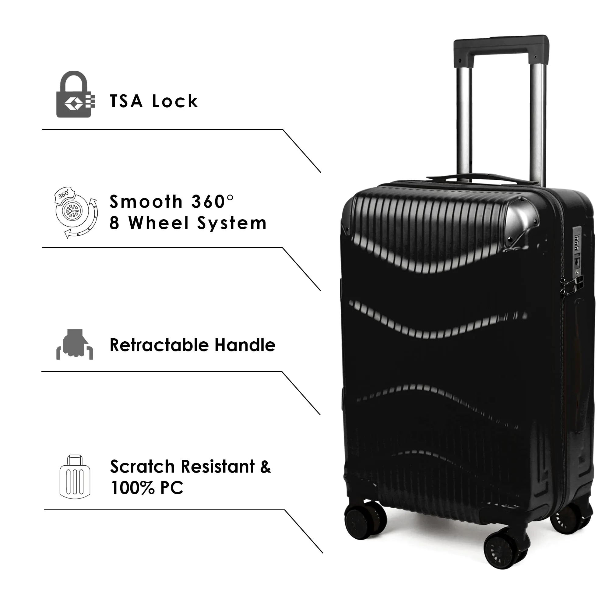 THE CLOWNFISH Ballard Series Luggage ABS & Polycarbonate Exterior Suitcase Eight Wheel Trolley Bag with TSA Lock- Black (Medium size, 65 cm-26 inch)