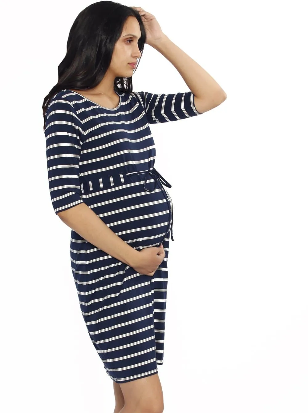 The Mummy Drawstring Half Sleeve Dress - Navy & White Stripes