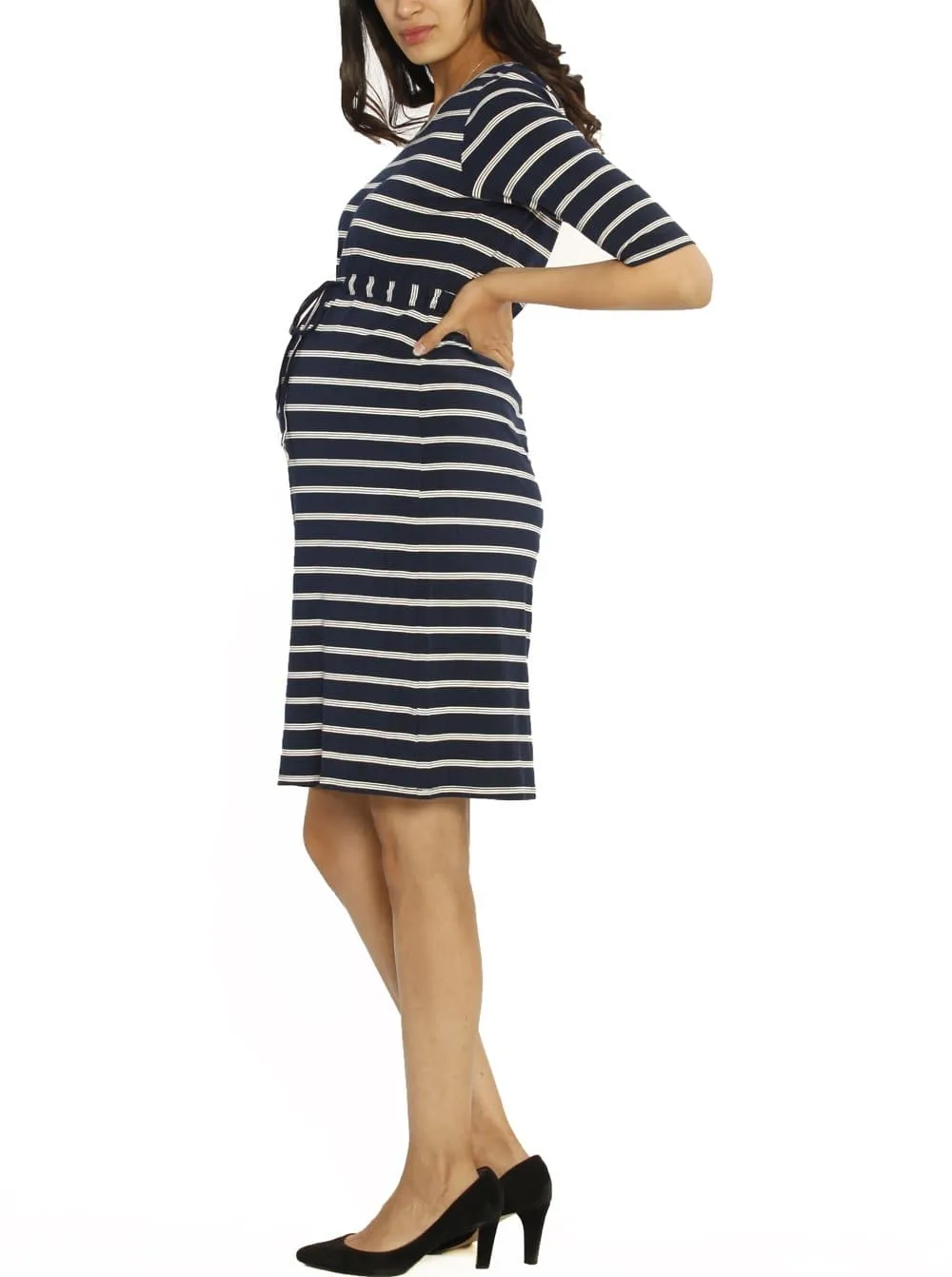 The Mummy Drawstring Half Sleeve Dress - Navy & White Stripes