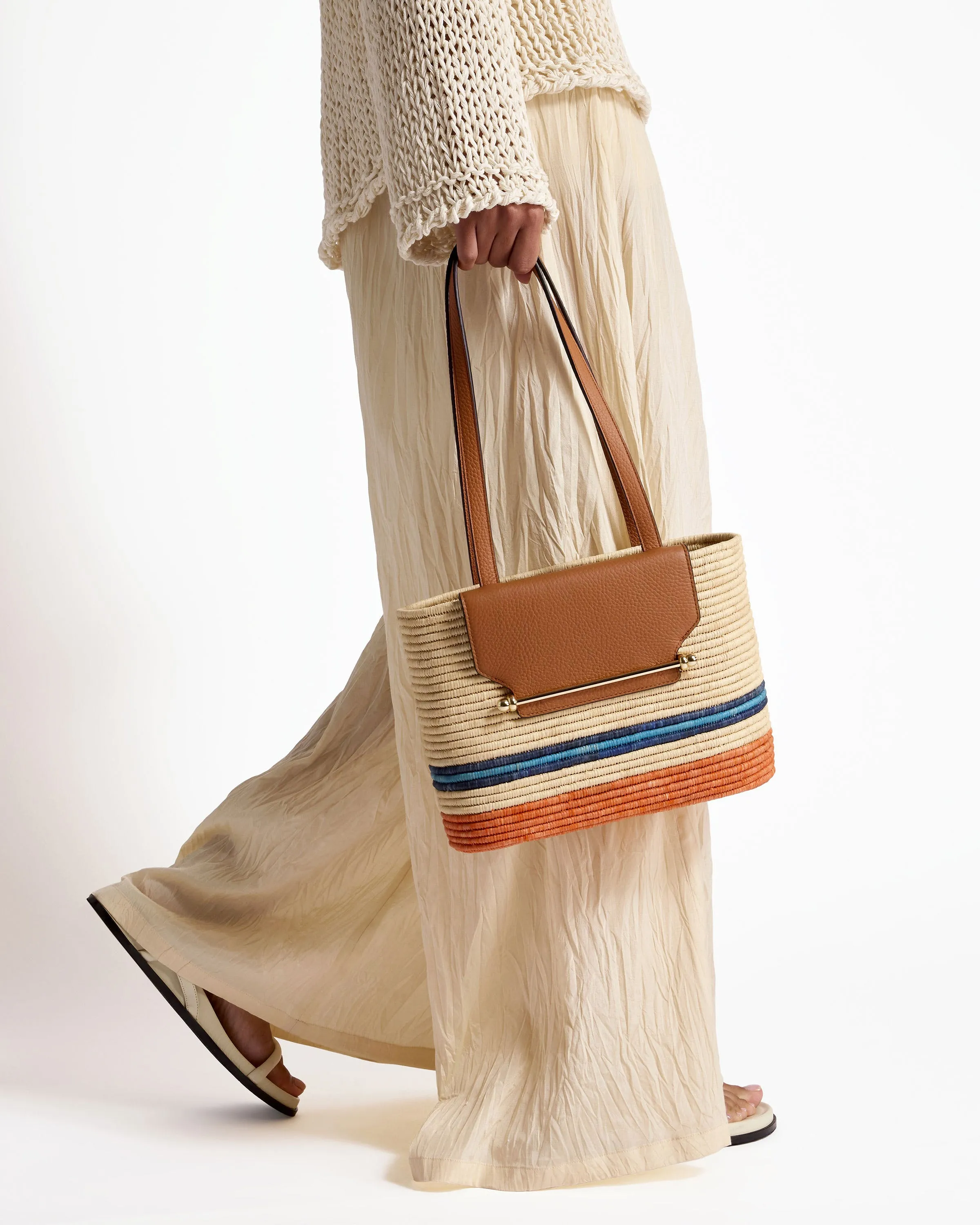 The Strathberry Basket (Small) - Raffia/Leather Tan/Orange Stripe