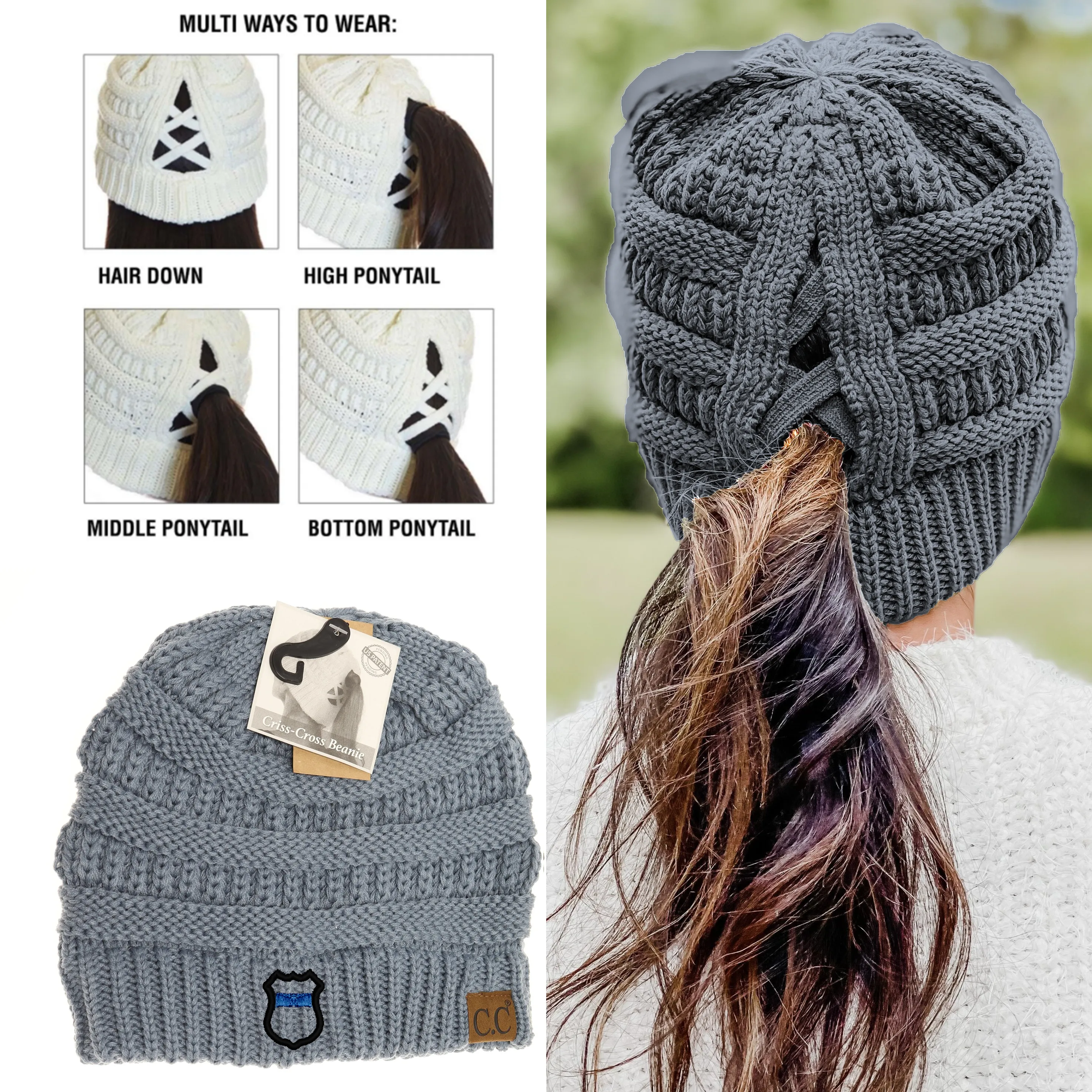 Thin Blue Line Badge Criss-Cross Knit Beanie