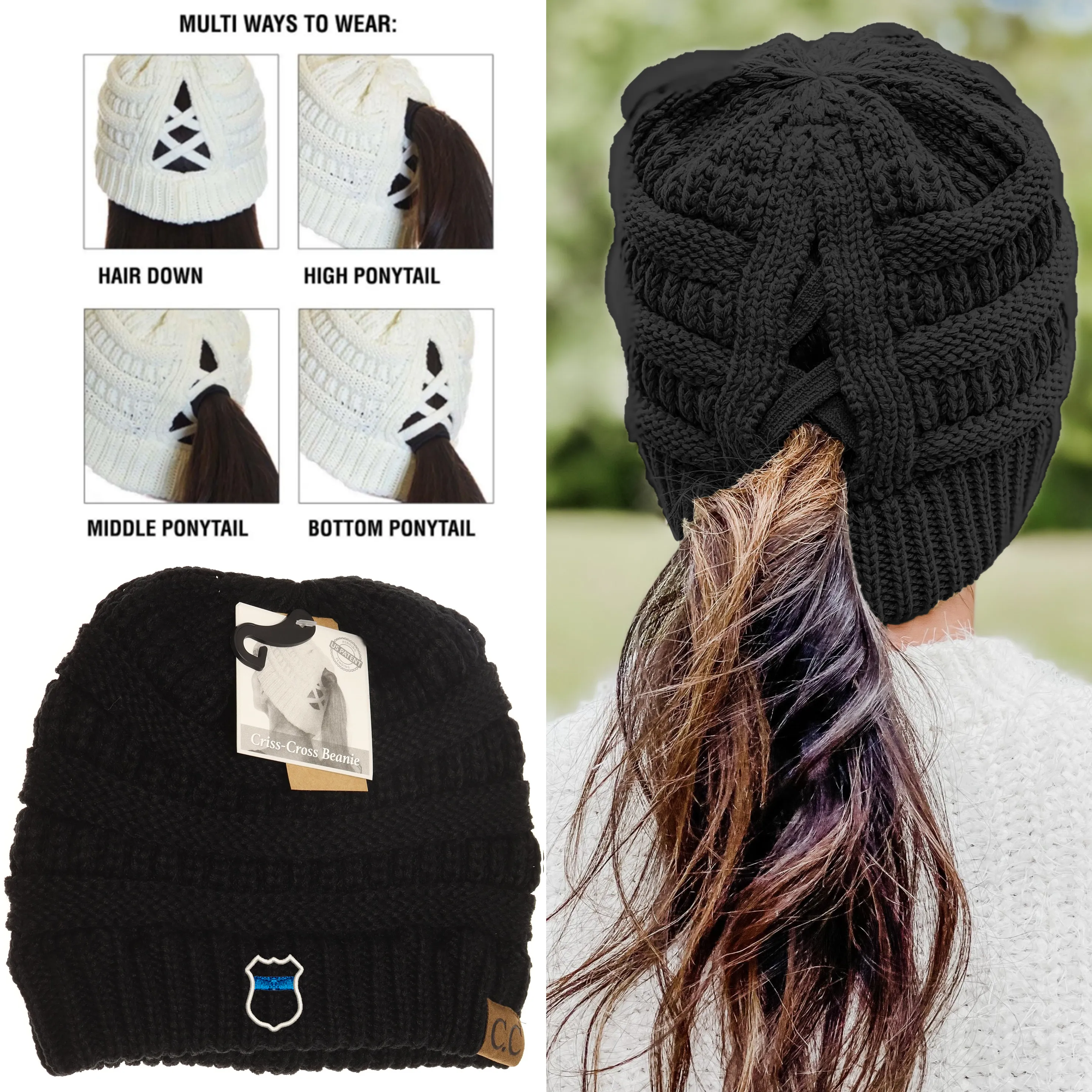 Thin Blue Line Badge Criss-Cross Knit Beanie